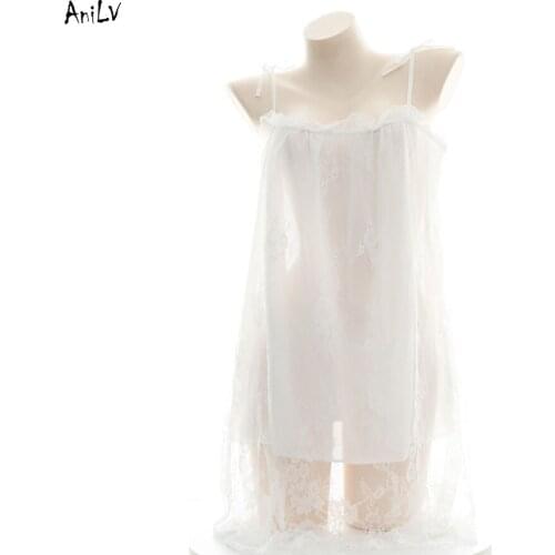 AniLV Wome White Lace Slash Neck Nightdress Costume Princess Girl Spaghetti Strap Dress Sleepwear Uniform Clothes Large size