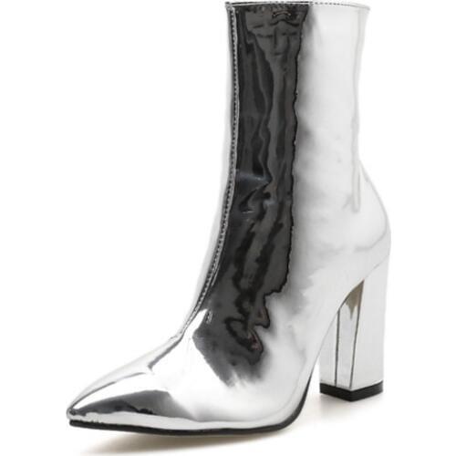 New Sliver Gold Women Ankle Boots Pointed Toe Chunky High Heel Boots Mirror Metallic Women Pumps Female Sexy Stiletto Boots ftg5