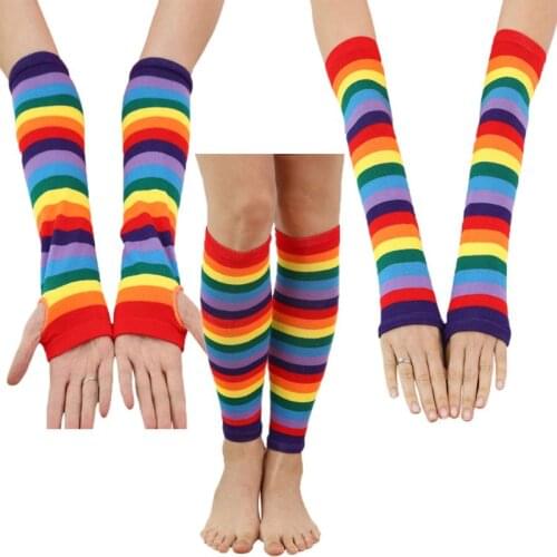 Women Girls Rainbow Striped Long Sleeve Sunscreen Arm Sleeve Fingerless Mittens Gloves Slim Thigh High Leg Warmer Cotton Spring