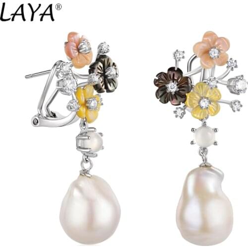 Laya 925 Sterling Silver High Quality Zircon White Chalcedony Natural Shell Flower Drop Earrings For Women Fashion Jewelry