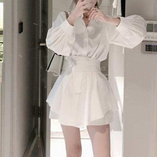 High Quality summer fashion white long shirt casual suit female Lantern sleeve + wide leg short pant two-piece suit with belt