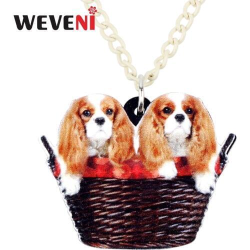 WEVENI Acrylic Double Cavalier King Charles Spaniel Dog Basket Necklace Pendant Collar Anime Bijoux Jewelry For Women Girl Hot
