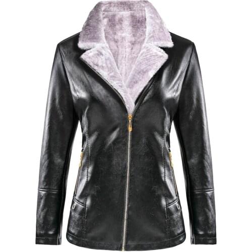 Female Faux Leather Fabric Black Fluffy Coat Winter Oversized Velvet Thick PU Leather Girls Jackets Overcoat Women 4xl 5xl 6xl