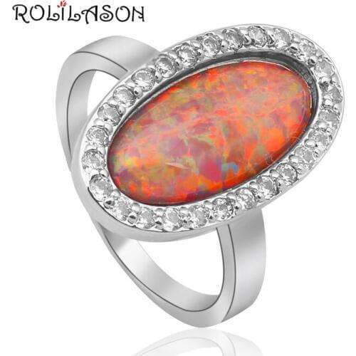 ROLILASON Oval Ring silver plated Orange Fire Opal Print Ring Fashion Anniversary Gift American Female Ring OR714