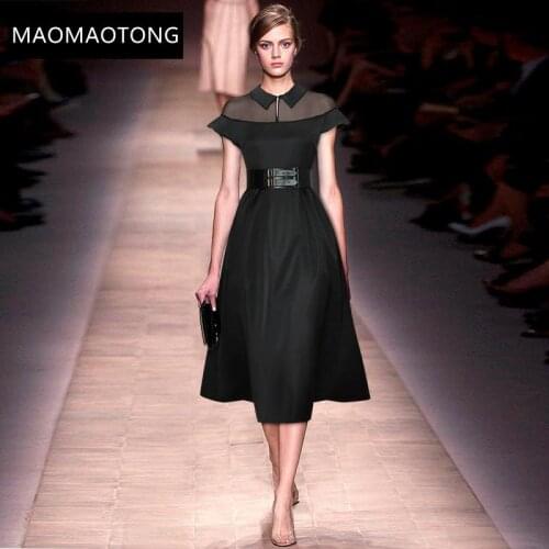 Womens Clothing 2021 Summer Fashion Runway Designer Dress Women Turn-down Collar Patchwork Sashes Black Elegant Midi Dress