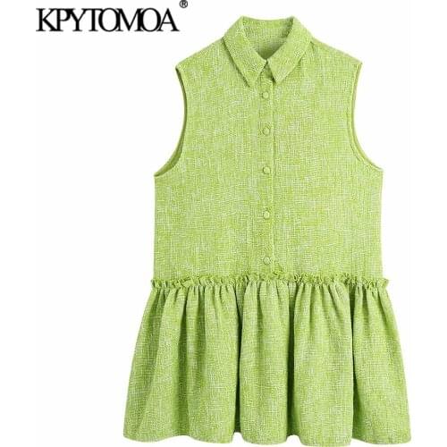 KPYTOMOA Women 2021 Sweet Fashion Ruffled Hem Tweed Mini Dress Vintage Sleeveless With Covered Buttons Female Dresses Vestidos