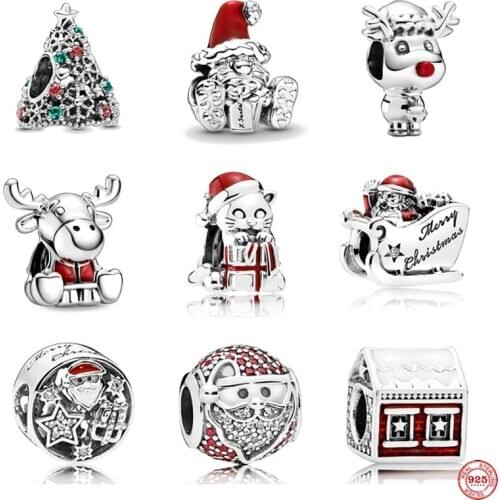 Winter New 925 Sterling Silver Beads cat tree reindeer house santa diy Charm fit Original Pandora Bracelet Christmas Jewelry