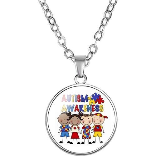 10PC Heart Autism Awareness Help Raise Understanding And Acceptance Glass Cabochon Pendant Chain Necklace Women Jewelry Gift