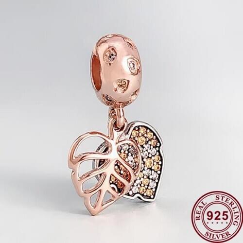 100% 925 Sterling Silver Charm Rose Gold Glittering Leaf Pendant Fit Pandora Women Bracelet & Necklace Diy Jewelry
