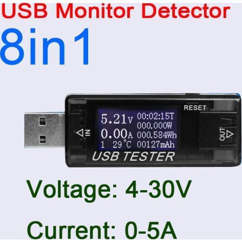 8in1 USB Monitor Detector Tester Capacity Voltage Current Timing power temperature Watt 4-30V 0-5A Charge Digital LCD meter 12v