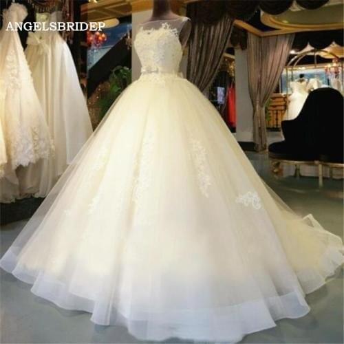 ANGELSBRIDEP Sheer Neck Ball Gown Wedding Dreses Formal Appliue Beaded Tulle Vestido De Noiva Luxury Bridal Gowns Hot