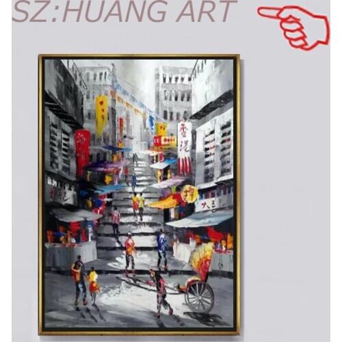 Free shipping High Quality abstract knife painting- Hong Kong street 100% hand painted on canvas no framed