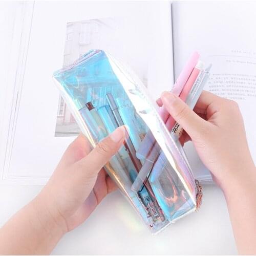 Large Capacity Laser Transparent Pencil Cases Cosmetic Bag Kawaii Colorful Pencil Box Girls Pen Case Stationery School Supplies