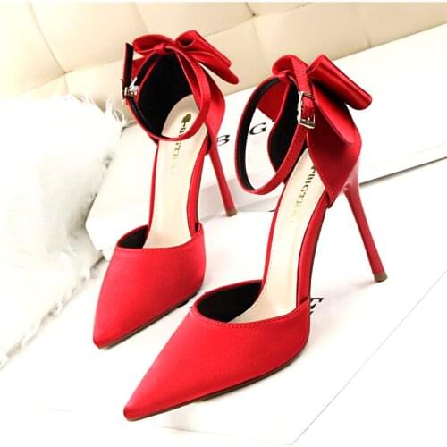 Big Size34-43Women Shoes Stiletto Pointed Toe Pumps Dress Shoes High Heels Boat Shoes Wedding Shoes Ladies Sandals Silk With Bow