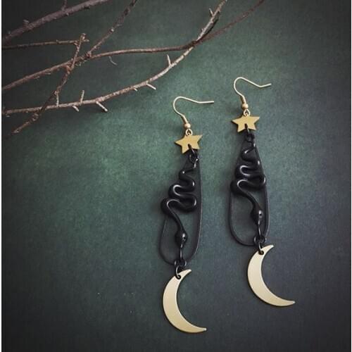 Black Serpent and Moon Earrings - Unique - Jewelry - Handmade - Serpentinecreative - Witchy - Goddess - Snake - Gift