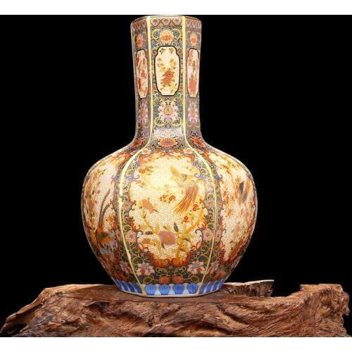 Qing Dynasty Yong Zheng year mark enamel golden hexagonal flower and bird celestial bottle antique porcelain ancient porcelain