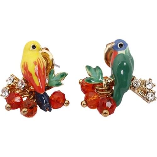European and American New Product Parrot Bird Asymmetrical Fresh and Sweet Wind Stud Earrings Enamel Glaze Hand-painted Earrings