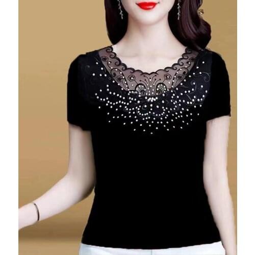Fashion T-shirt female Rhinestone short-sleeved 2021 new summer tops womens diamond tshirts Femme Lace Tees Camisetas Mujer