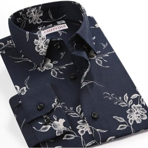 Mens Fashion Floral Print Hawaiian Shirts Pocketless Design Long Sleeve Flower Slim Casual Beach Shirts Black White Navy