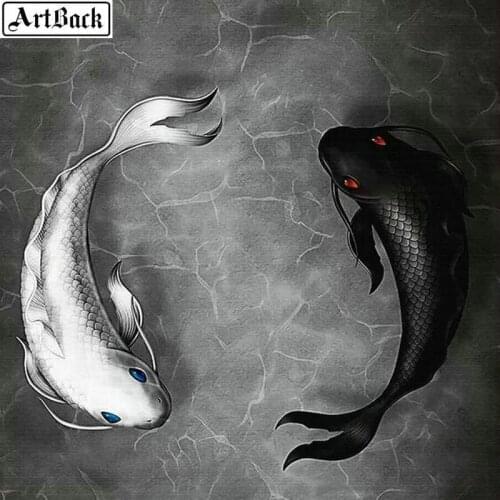Full square diamond painting black and white fish icon diy handmade 5d embroidery new arrival diamond mosaic home decoration