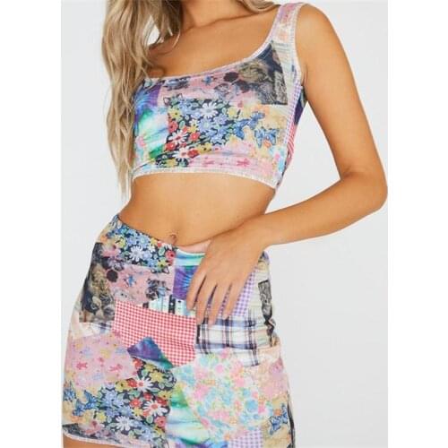 Party Two Piece Set Sports 2021 Summer Patchwork Print Crop Top Sleeveless Tank Mini Bodycon Skirt Women Outfit Sexy Dress Sets
