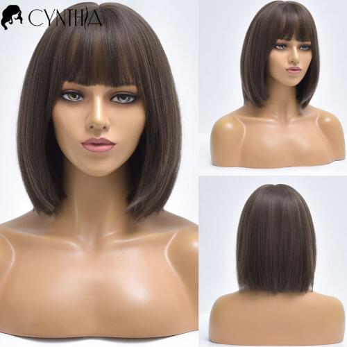 Brown Daily Short Straight Hair Synthetic Wigs With Bangs For White Women Cosplay Nutural Heat Resistant Female Fiber Bob Wig