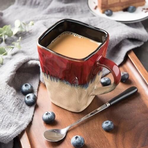 Creative Flow Glaze Square Coffee Mug with Spoon and Lid Retro Tea Cup Simple Household Matte Color Ceramic Milk Water Cup Gift