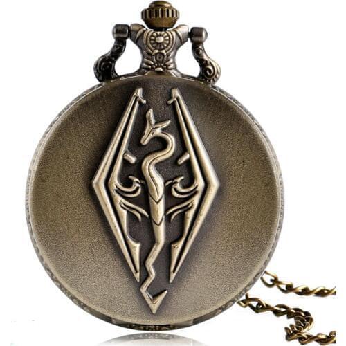 Hot Selling Dinosaur Quartz Pocket Watch Skyrim Elder Scrolls Dragon Vintage Pendant Necklace for Men Women with Chain Xmas Gift