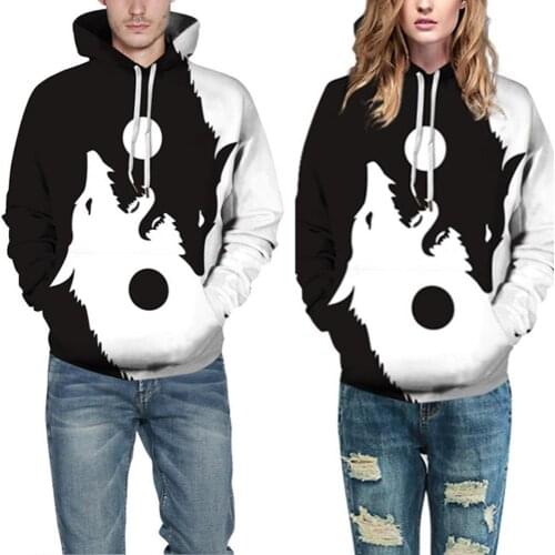 Unisex Fashion Long Sleeve Letters Yin Yang Wolf Print Blouse Hoodie Sweatshirt