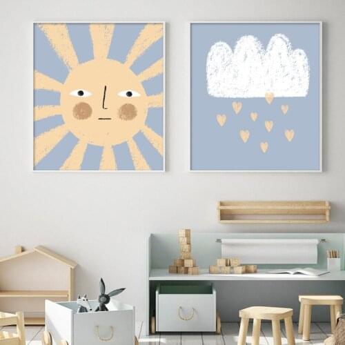 Sweet Dream Cartoon Bear Wall Art Nursery Print Children Canvas Poster Blue Rainbow Pink Cloud Pictures for Baby Room Home Decor