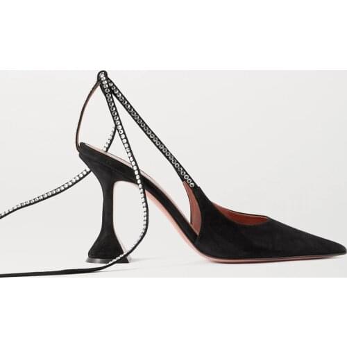 New Season Shoes Karma Crystal Embellished Suede Party Pumps Black 9.5cm Fluted Sculptural Heels Ankle Straps Sandals