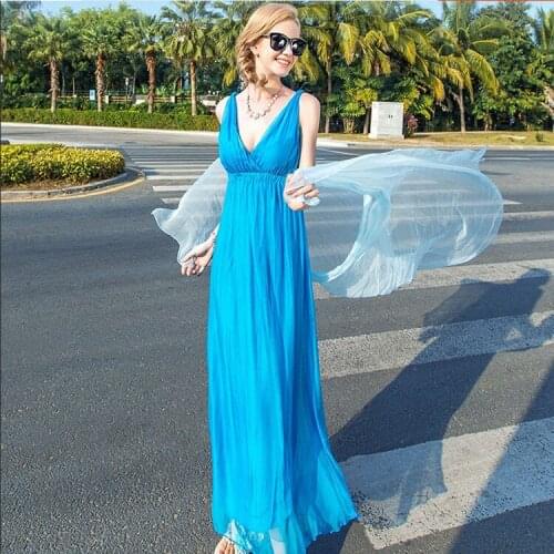 Beach dress fairy summer bohemia vest 100%silk dress V neck longer dress