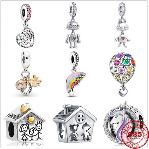 Genuine 925 Sterling Silver House Hot air Balloon Rainbow Horse Pattern Beads Fit Original Pandora Bracelet Charm Jewelry Gift