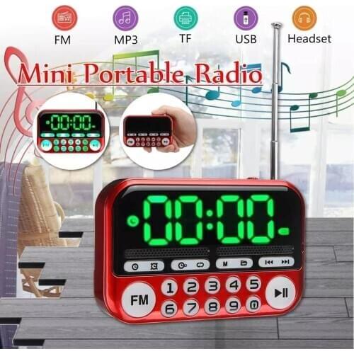 Portable Mini FM Radio Stereo Built-In Speakers Music Backlight Player Card Elderly Radio Time Display+timer Shutdown Home Radio