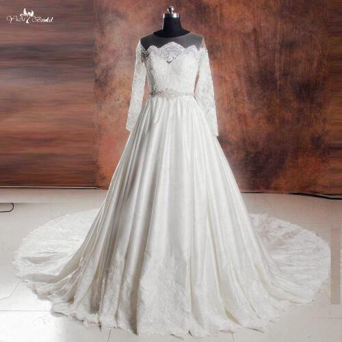 RSW1043 Illusion Boat Neckline Long Sleeve Vintage Lace Wedding Dress Satin