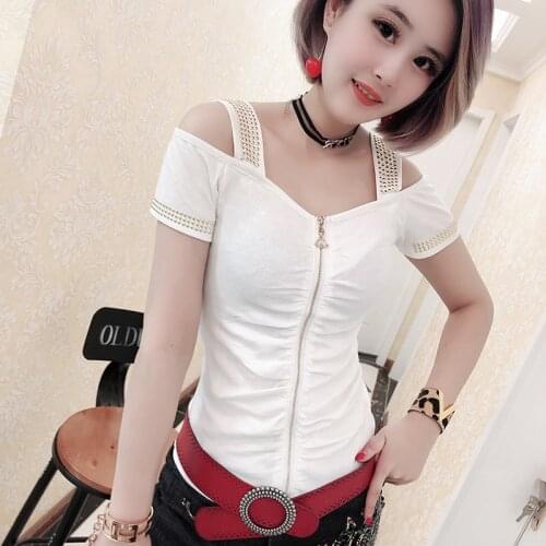 Sexy Off Shoulder Diamonds Zipper Tshirt 2020 Spring Summer Women Hollow Out Slash Neck Short Sleeve Top Shirt Clothes T93702