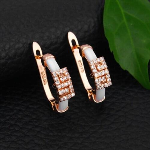 New Young Pretty White Stamp Rose Fine solid gold GF High Quality Ceramic Stud Earring Gift Simple four seasons Jewelry CZ