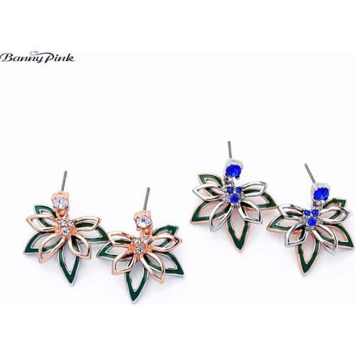Banny Pink Elegant Enamel Leaf Studs Earrings Chunky Hollow Flower Pendant Earrings For Women Alloy Prevent Allergy Post Earring