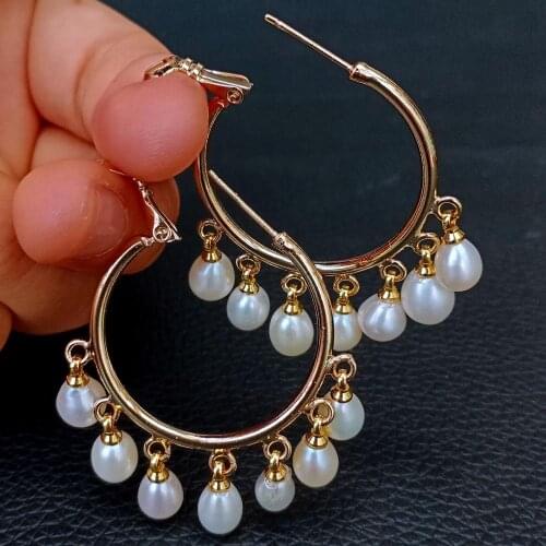 YYGEM Natural White Rice freshwater Pearl Gold filled Circle Earrings for Women hyperbole style