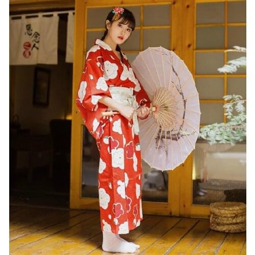 Kawaii Girls Japanese Traditional Kimono Dress with Waist Belt Cute Red Big Flowers Printing Long Dress Lolita
