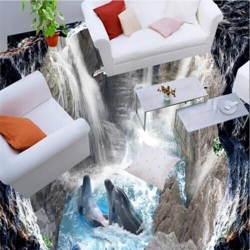 Wellyu 3D valley cliff waterfall sea bathroom walkway 3D floor custom large fresco pvc waterproof thick wearable