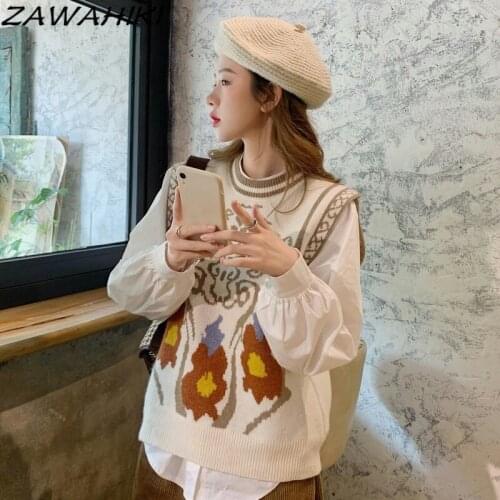 ZAWAHIKI Women Clothes Vintage Knitted Vest Women Spring Autumn New Fashion Outer Sweater Vests Casual Printing Sleeveless Tops