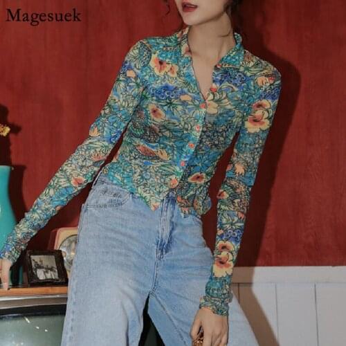 Vintage Mesh Print Shirt Women Spring 2021 Women Long Sleeve Tops Button See Through Tops Fashion Women Korean Clothing 13148