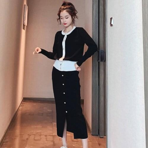 Office Ladies Single Breasted Pearl Buttons Cardigan Sweater+Pleated Long Skirt Suit 2020 Spring Autumn Knitted 2 Piece Set