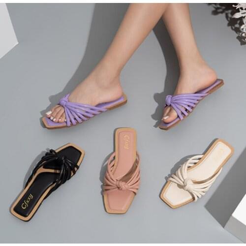 2021 New Fashion Slipper Women Woven Looped Sandal With Square Toe And Flat Heel Girls Wearing Outside Beach Ladies Shoes