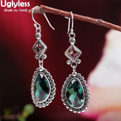 Uglyless Island wind Holiday Dress Earrings Women Exotic Faceted Green Crystal Earrings Triangle Brincos 925 Thai Silver Jewelry