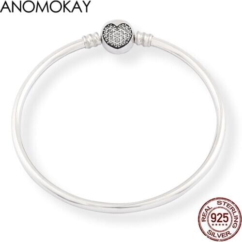 Authentic 925 Sterling Silver White CZ Heart Bangle & Bracelet Luxury S925 Silver Bangle Jewelry for Women Men Birthday Gift