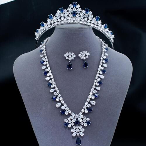 Blue 5A Cubic Zirconia Bridal Wedding Tiara and Necklace Earring Set Jewelry Sets for Women Accessories