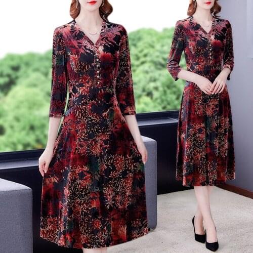Spring Boho Floral Velvet Elegant Midi Dress Autumn Vintage 4XL Plus Size Casual Dress 2021 Female Elegant Bodycon Party Vestido