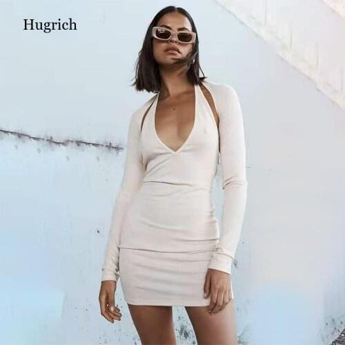 2021 Spring Autumn Womens New Fashion Street Style Hanging V Neck Halter Sexy Slim Fit Hip Dress Sexy Femme Vestidos